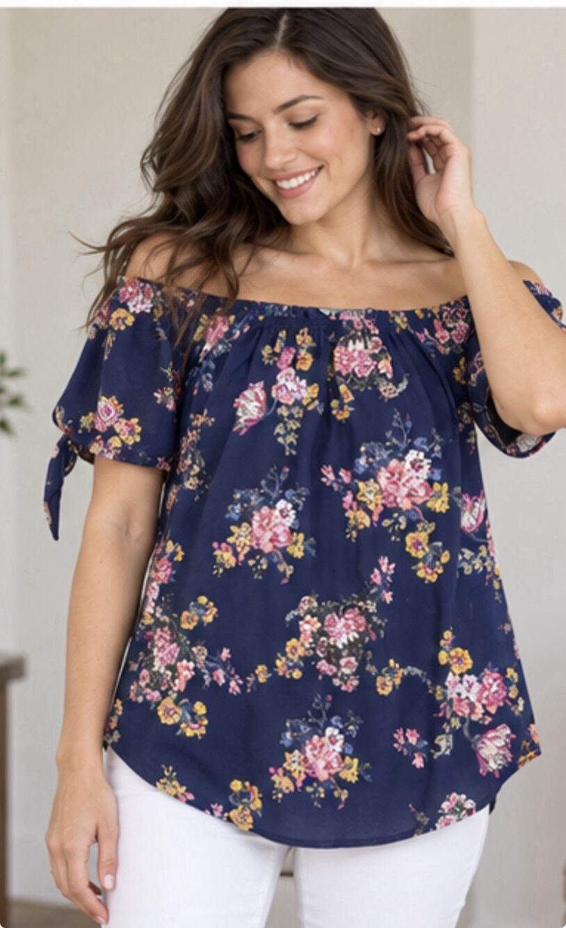 Pink Rose Women’s Medium Navy Floral Off Shoulder Blouse Tie Sleeve Boho